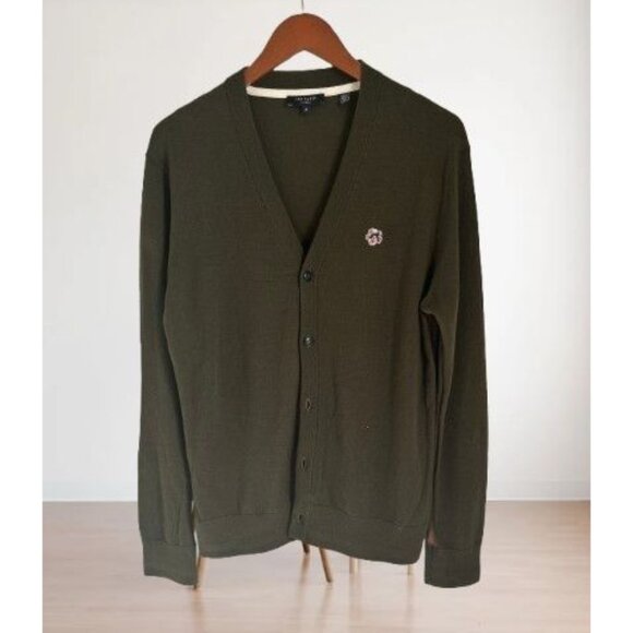 Ted Baker London Olive Green Cardigan With Floral Embroidery & Button Closure Si - Picture 1 of 8